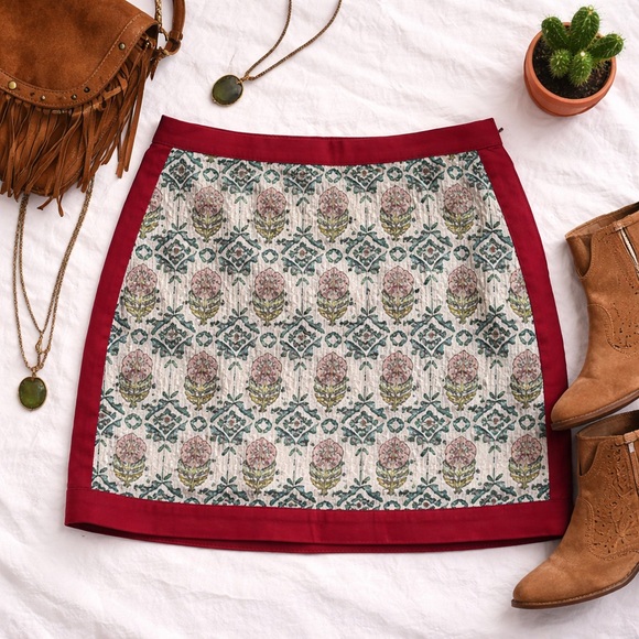 Dresses & Skirts - Boho Mini Skirt Floral Red Trim Cottagecore Lined Skirt Size 4